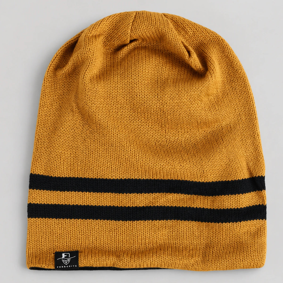 Golden yellow B318 beanie laid flat with two black stripes near the opening.