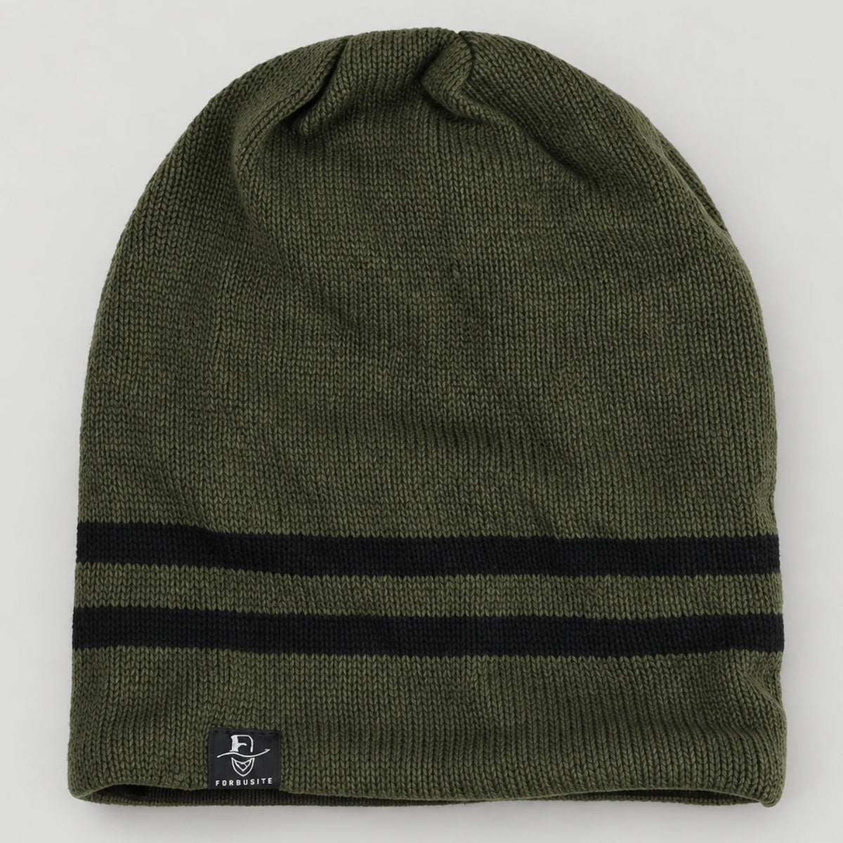 Olive green B318 beanie laid flat with two black stripes near the opening.