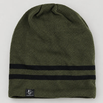 Olive green B318 beanie laid flat with two black stripes near the opening.