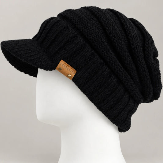 Black knit visor beanie with short brim and chunky ribbed crown on a white mannequin head