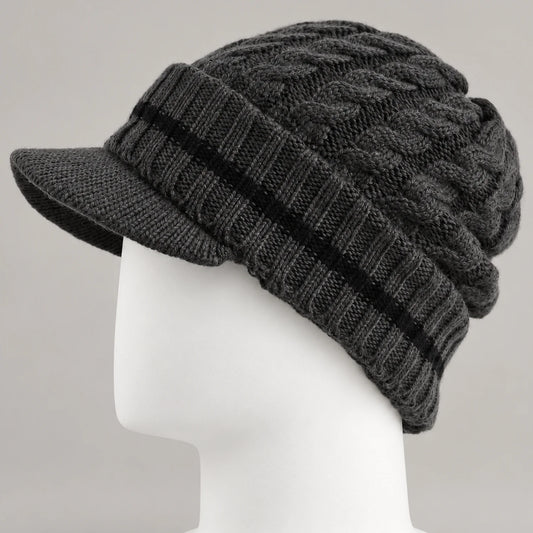 Charcoal cable knit visor beanie with short brim and textured crown on a white mannequin head