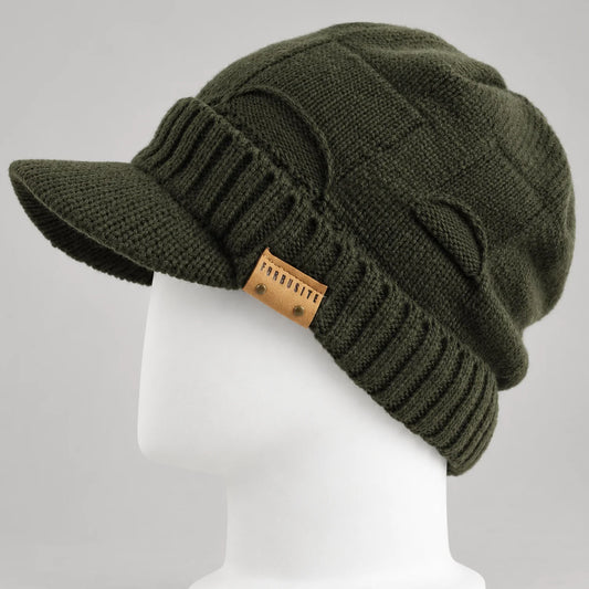 Olive knit visor beanie with short brim, leaf detail and ribbed lower band