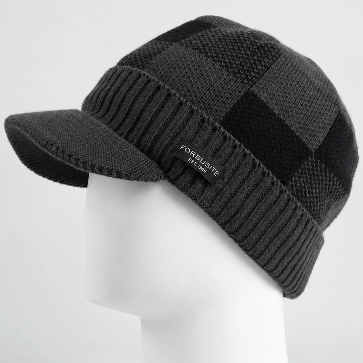 Charcoal checkered knit visor beanie with short brim and ribbed lower band