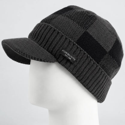 Charcoal checkered knit visor beanie with short brim and ribbed lower band