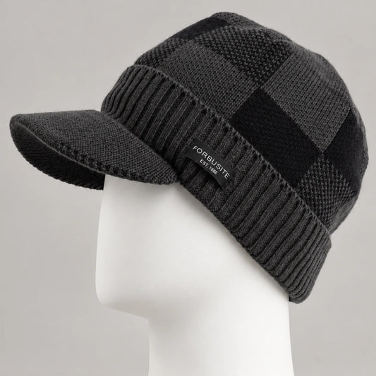 Charcoal checkered knit visor beanie with short brim and ribbed lower band