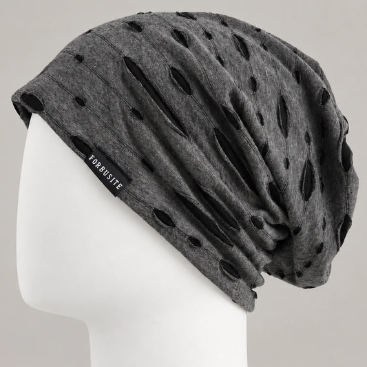 Gray distressed slouchy beanie with cutout details and relaxed oversized fit