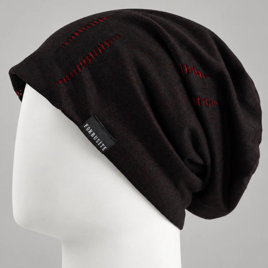 Black and red stitched slouchy beanie with decorative seam details and relaxed fit