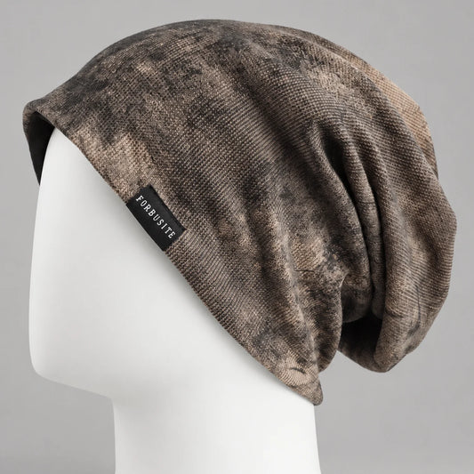 Brown patterned slouchy beanie with lightweight relaxed drape