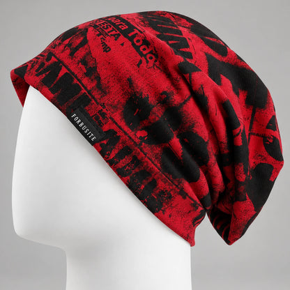 Red and black graphic slouchy beanie with relaxed oversized fit