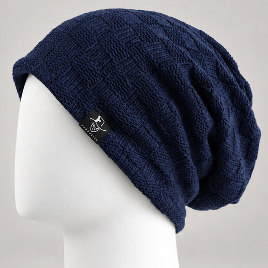 White openwork knit slouchy beanie with textured pattern and relaxed draped back