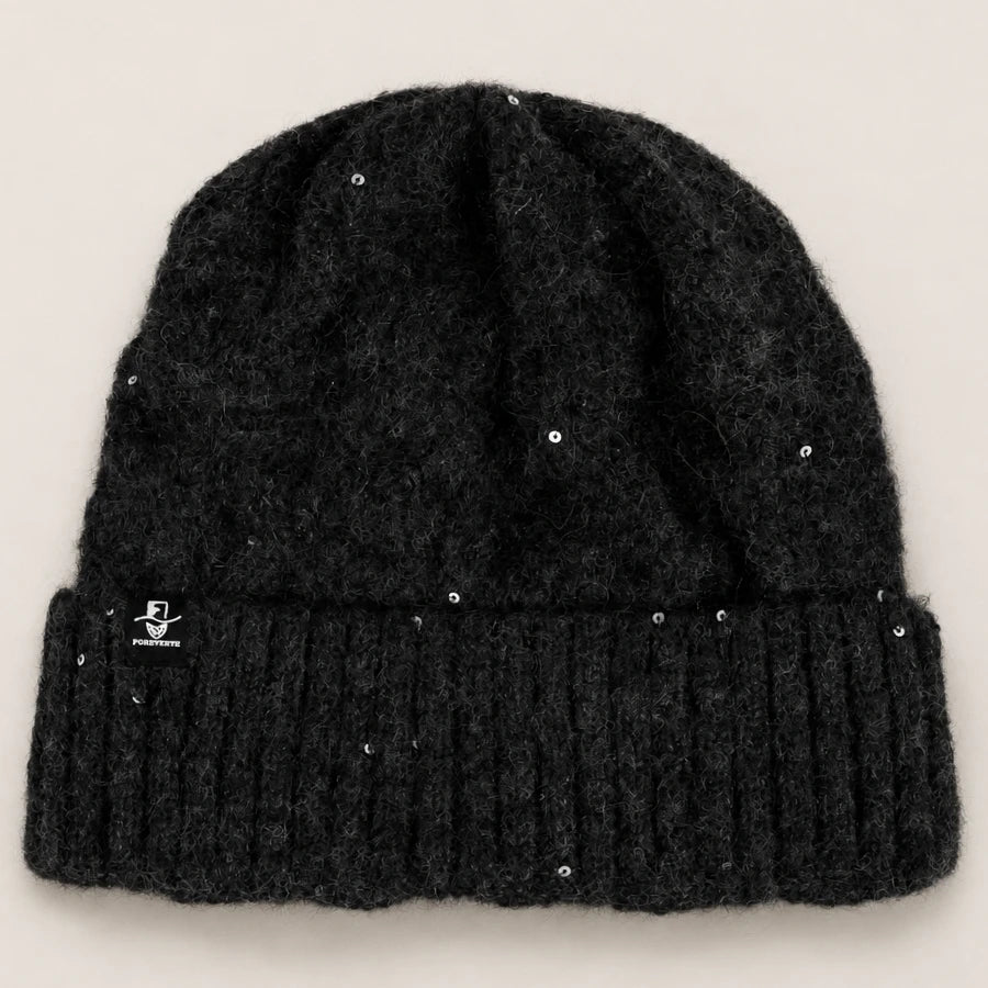 FORBUSITE B5039 dark gray fuzzy knit beanie with wide ribbed cuff and subtle sequin detail