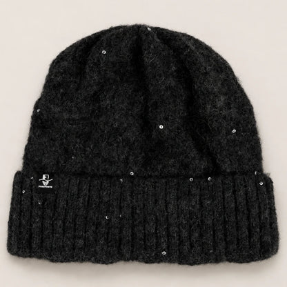 FORBUSITE B5039 dark gray fuzzy knit beanie with wide ribbed cuff and subtle sequin detail