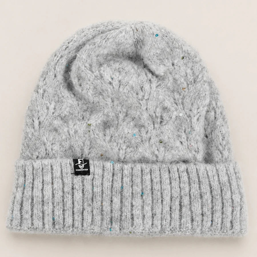 FORBUSITE B5039 light blue fuzzy knit beanie with wide ribbed cuff and subtle sequin detail