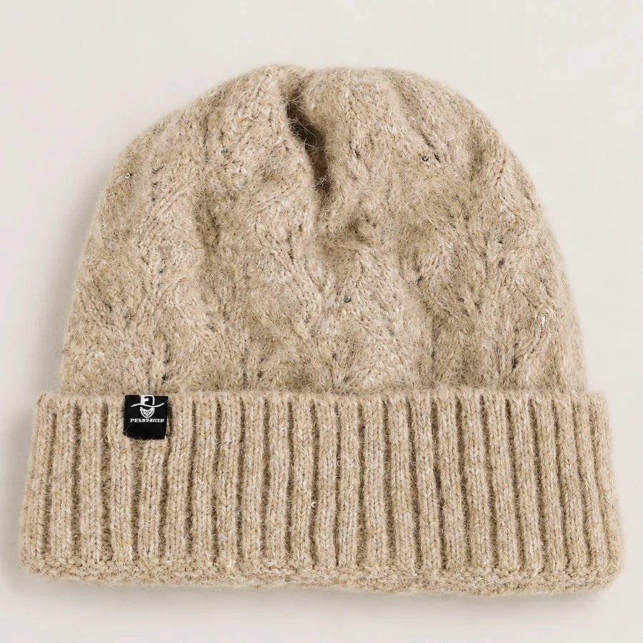 FORBUSITE B5039 oatmeal fuzzy knit beanie with wide ribbed cuff and subtle sequin detail