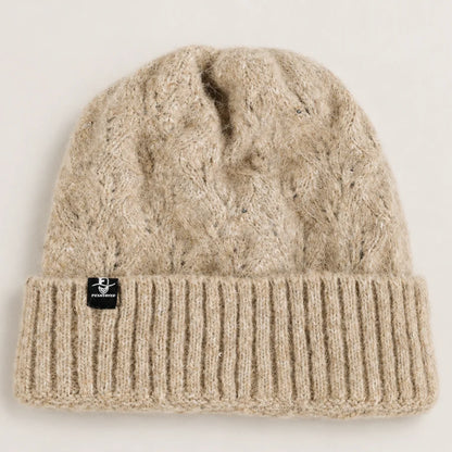 FORBUSITE B5039 oatmeal fuzzy knit beanie with wide ribbed cuff and subtle sequin detail