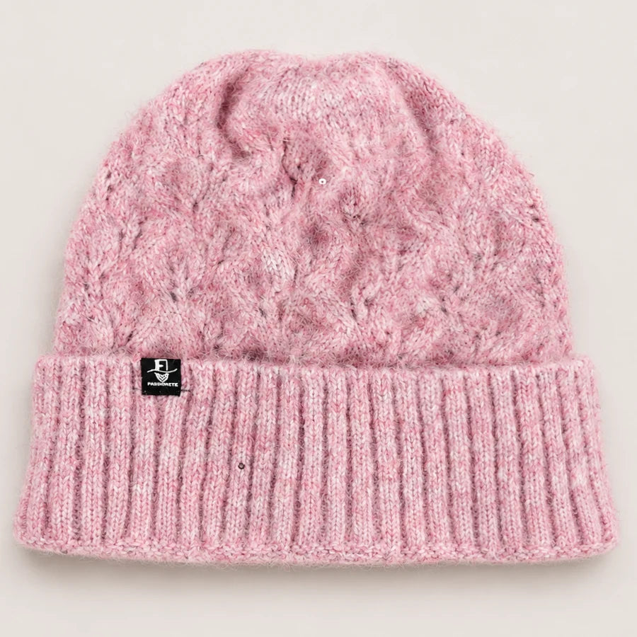 FORBUSITE B5039 pink fuzzy knit beanie with wide ribbed cuff and subtle sequin detail