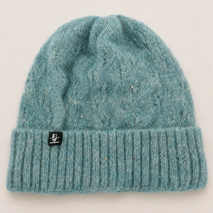 FORBUSITE B5039 teal fuzzy knit beanie with wide ribbed cuff and subtle sequin detail