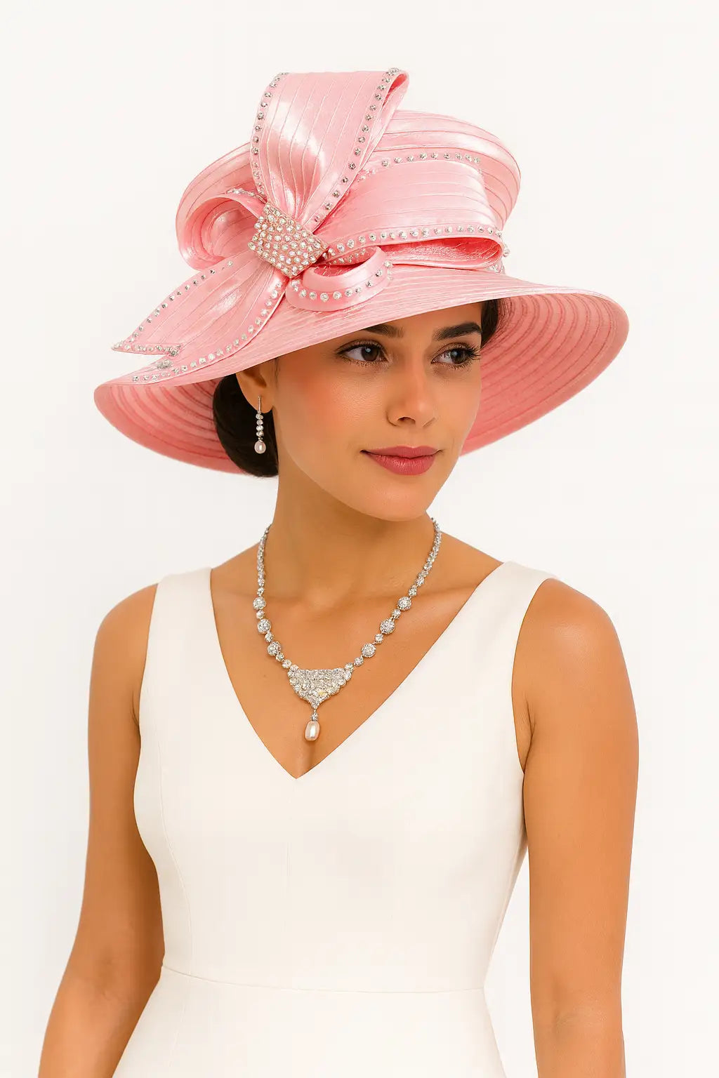 Baby pink rhinestone church hat with dramatic bow – perfect for Sunday church, tea party or wedding guest outfit.