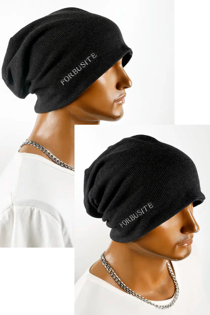 Baggy long slouchy beanie hat in grey cotton, FORBUSITE embroidered logo, lightweight oversized beanie cap suitable for summer and winter
