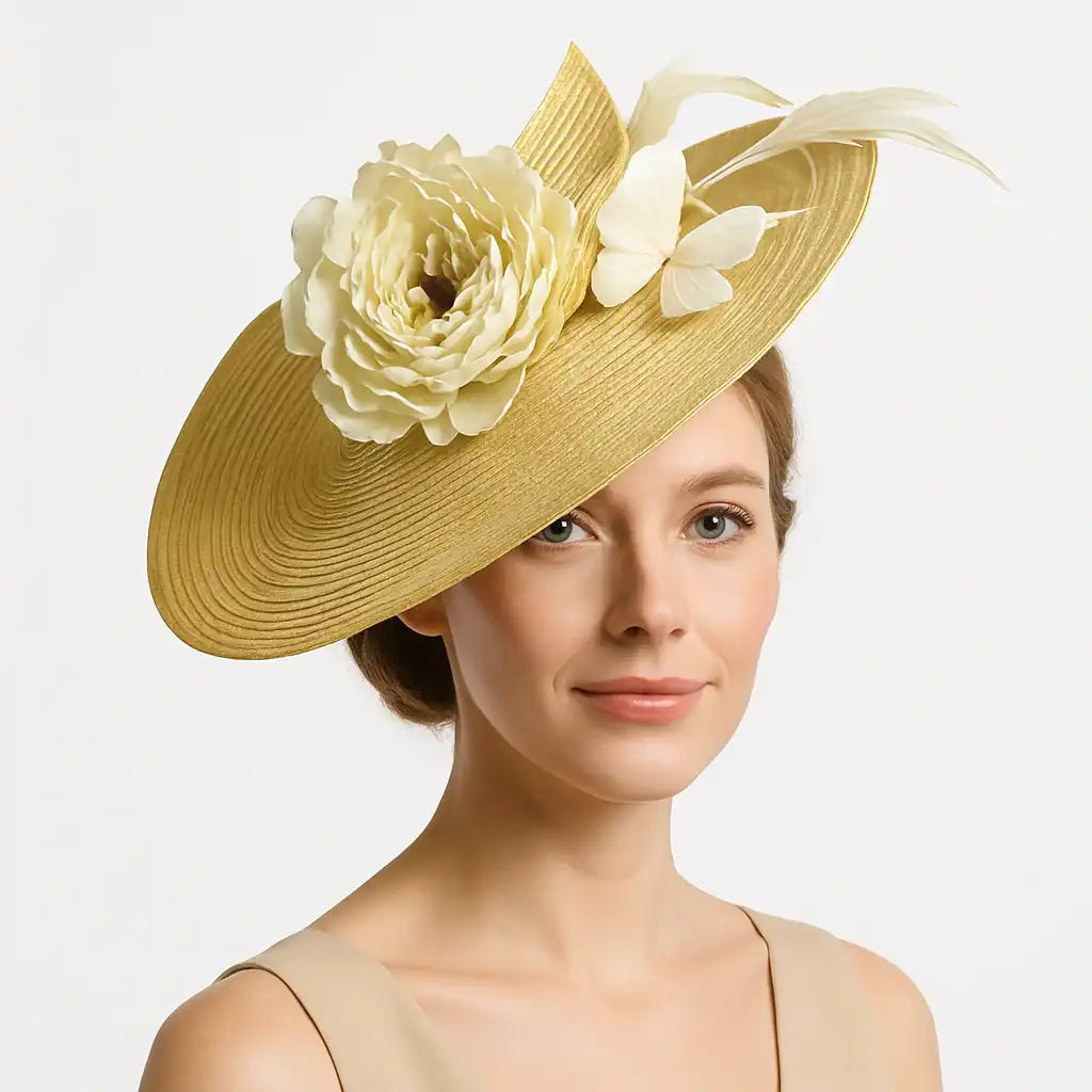 beige fascinator hat with large flower and feathers, worn by elegant woman