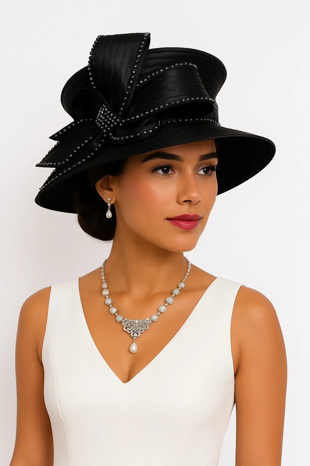 Classic black rhinestone church hat with elegant bow – a timeless choice for formal events, Sunday worship or choir.