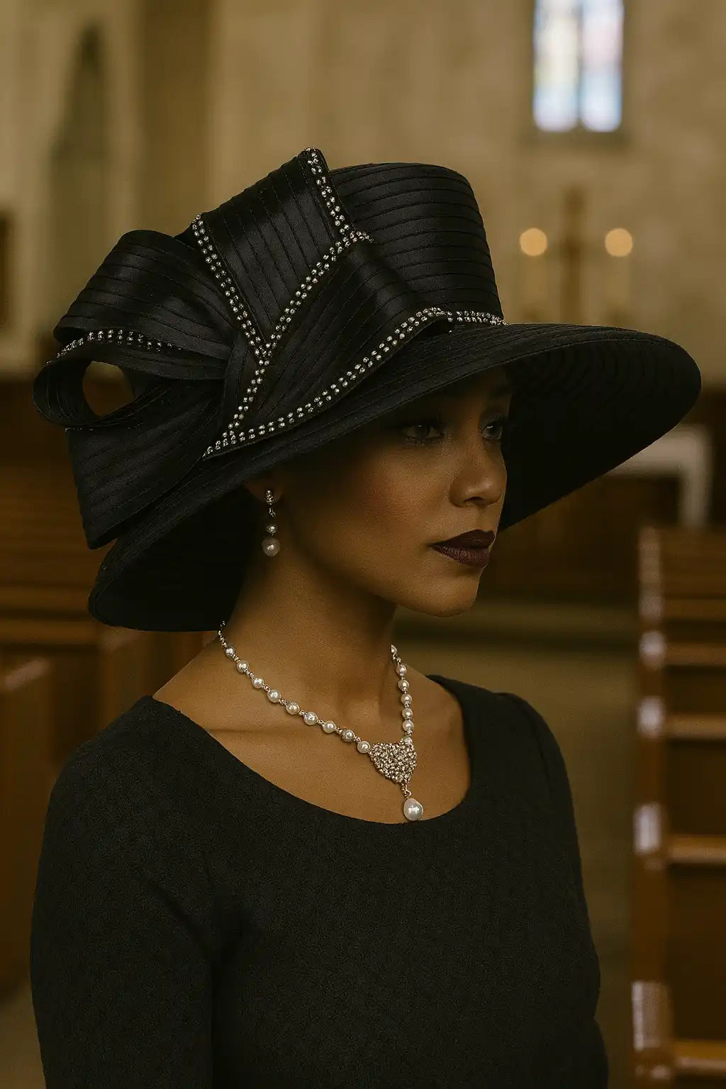 Elegant black rhinestone bow church hat by FORBUSITE, perfect for formal church events or funerals
