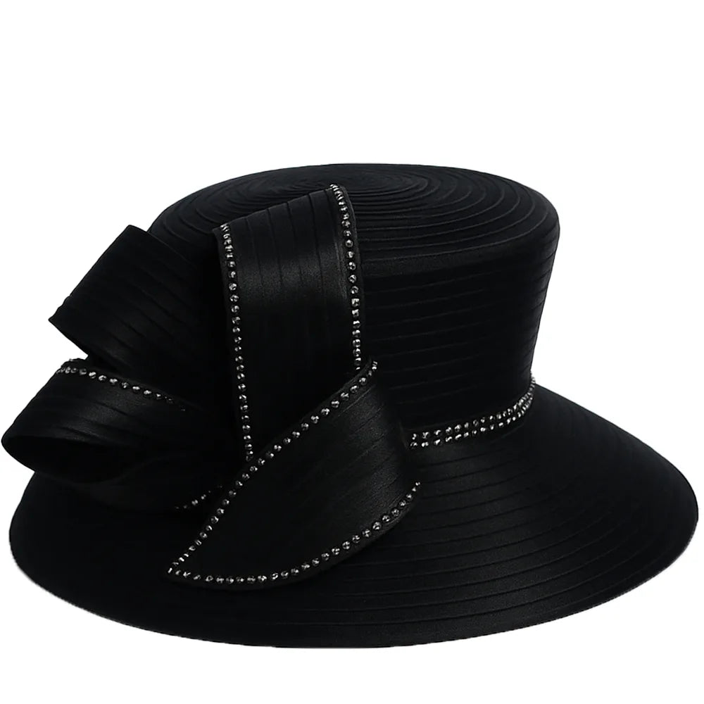 Elegant black church hat with rhinestone bow from FORBUSITE