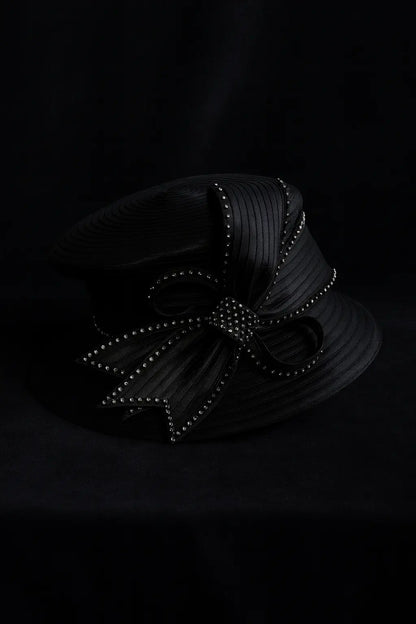 Sophisticated black women’s dress hat with wide rhinestone-trimmed bow, ideal for church and elegant occasions.