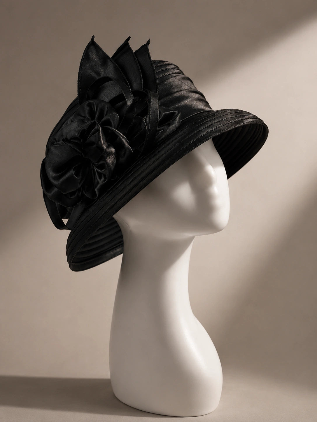 Elegant black cloche short brim church hat with satin flower detail for women, ideal for Sunday church, weddings, and formal occasions.