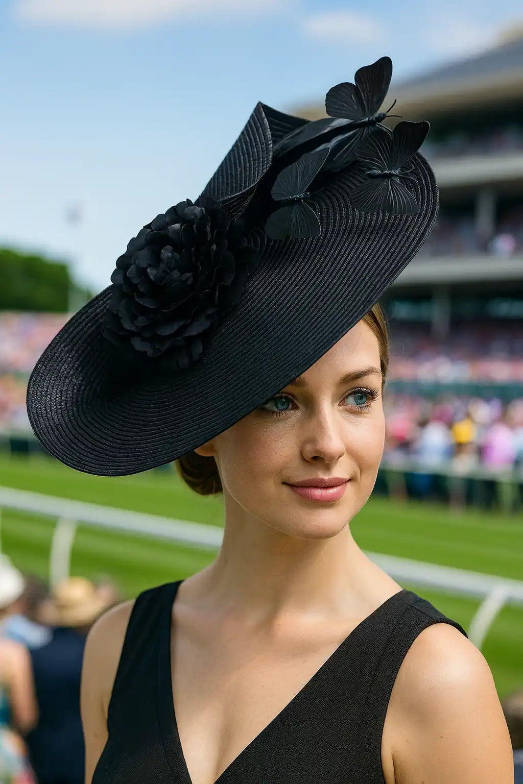 FORBUSITE elegant black fascinator hat with butterfly and flower details, perfect for church, funeral or derby events
