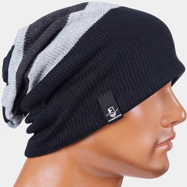 FORBUSITE B308 black grey stripe knit slouch beanie cap, unisex oversized loose fit long beanie hat for men women, lightweight street outfit accessory for winter and transitional season