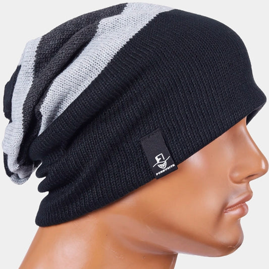 FORBUSITE B308 black grey stripe knit slouch beanie cap, unisex oversized loose fit long beanie hat for men women, lightweight street outfit accessory for winter and transitional season