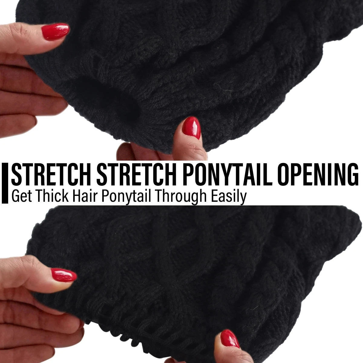 Black knit messy bun beanie with stretch ponytail opening, fleece lined women winter hat, warm street solid color cap by FORBUSITE