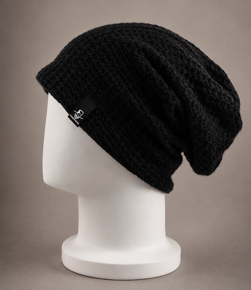 Black slouchy beanie cap with loose long fits, versatile knit hat for winter, summer and everyday wear