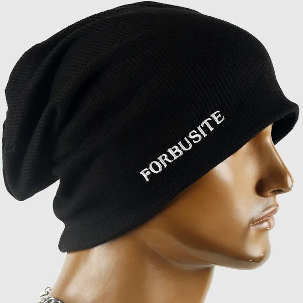 Black slouchy beanie hat with embroidered FORBUSITE logo, cotton fabric, oversized fit for men and women