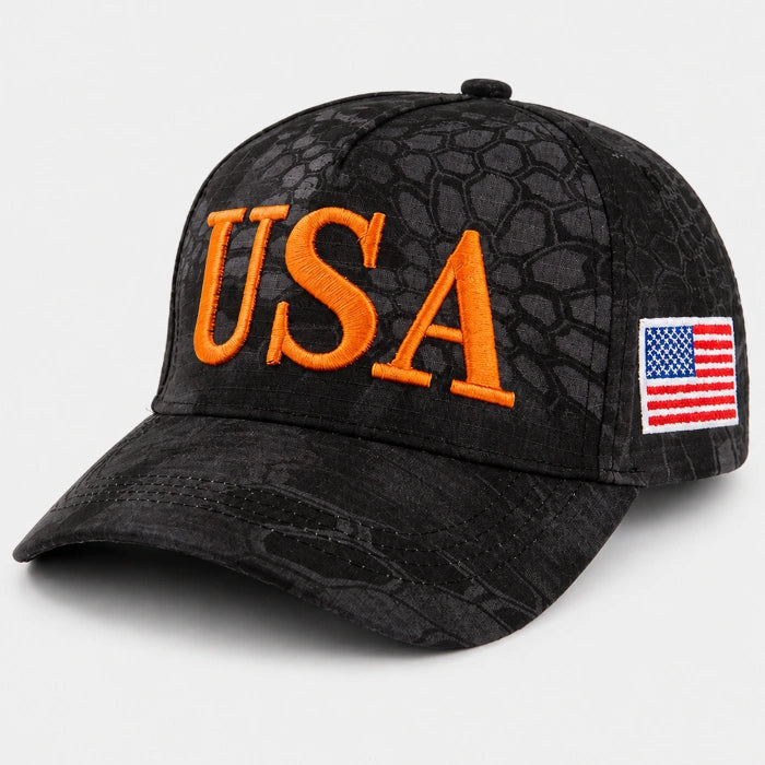 FORBUSITE Black Tactical Camo Baseball Cap featuring bold Orange 3D USA Embroidery and American Flag Patch, Python skin pattern camouflage hat for men.