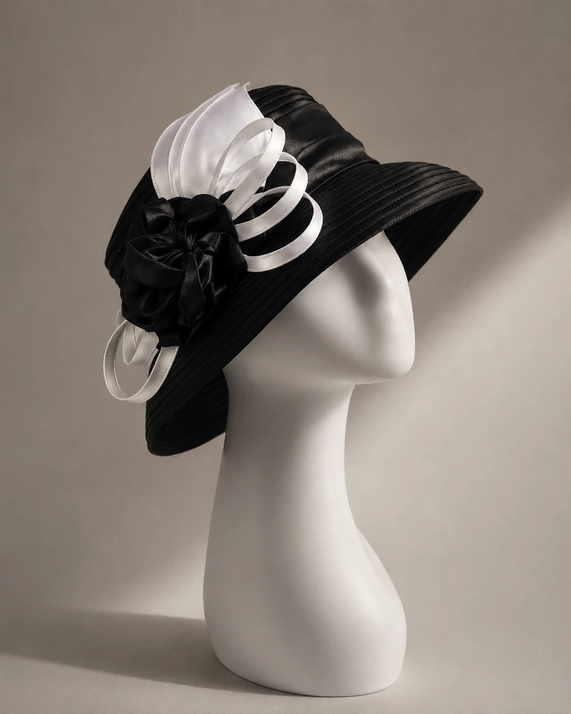 Black and white cloche short brim church hat with satin flower accents for Sunday service, tea parties, and formal events.