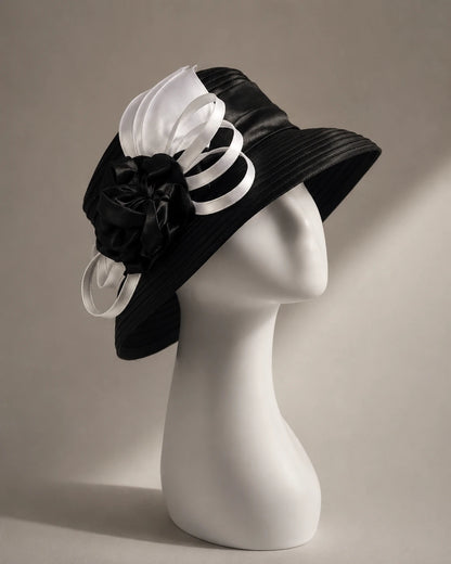Black and white cloche short brim church hat with satin flower accents for Sunday service, tea parties, and formal events.