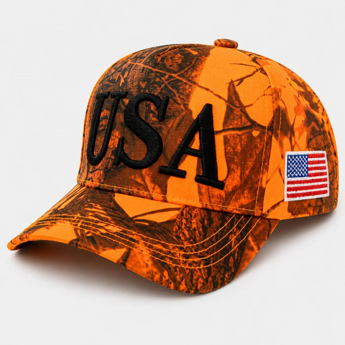FORBUSITE Blaze Orange Camo Baseball Cap with 3D Black USA Embroidery and American Flag Patch, High-visibility Camouflage Hunting Hat for Men.