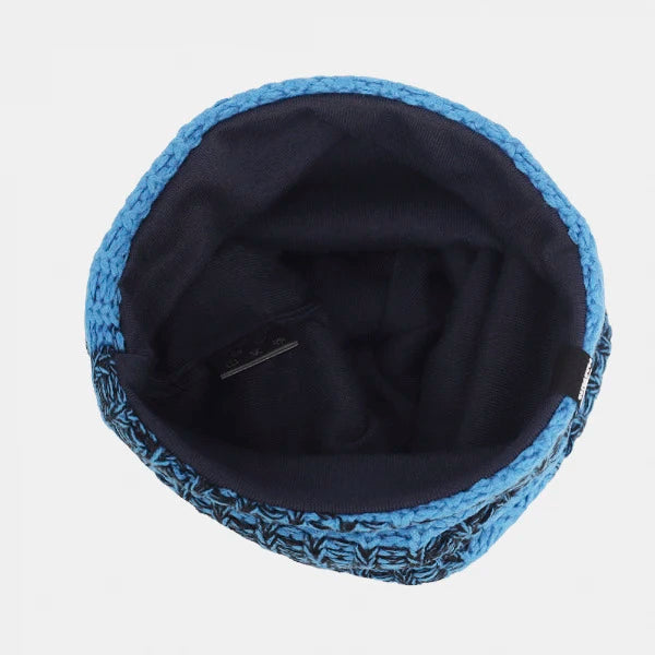 Blue black stripe knit beanie cap inner lining view, oversized loose slouchy hat for women street style winter layering essential by FORBUSITE B103