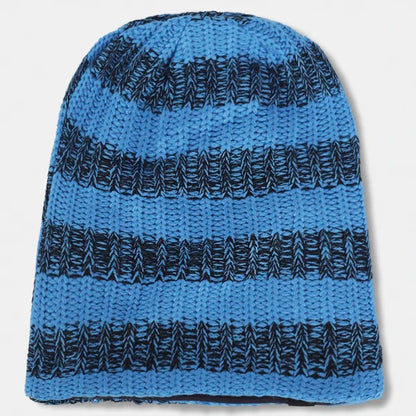 Blue stripe knit oversized beanie hat, long loose slouch unisex beanie cap for women street fashion, breathable lightweight winter and summer accessory FORBUSITE B103