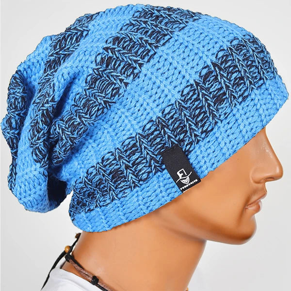 Blue striped slouchy knit beanie hat, lightweight oversized beanie for all season outfits, unisex beanie by FORBUSITE