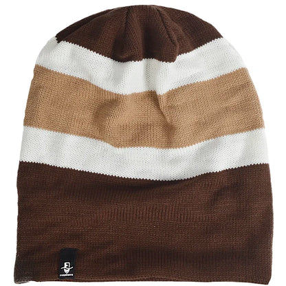 FORBUSITE brown khaki white stripe knit slouchy beanie hat for men and women, oversized baggy long beanie cap, lightweight all season street outfit solid color contrast design for winter and summer
