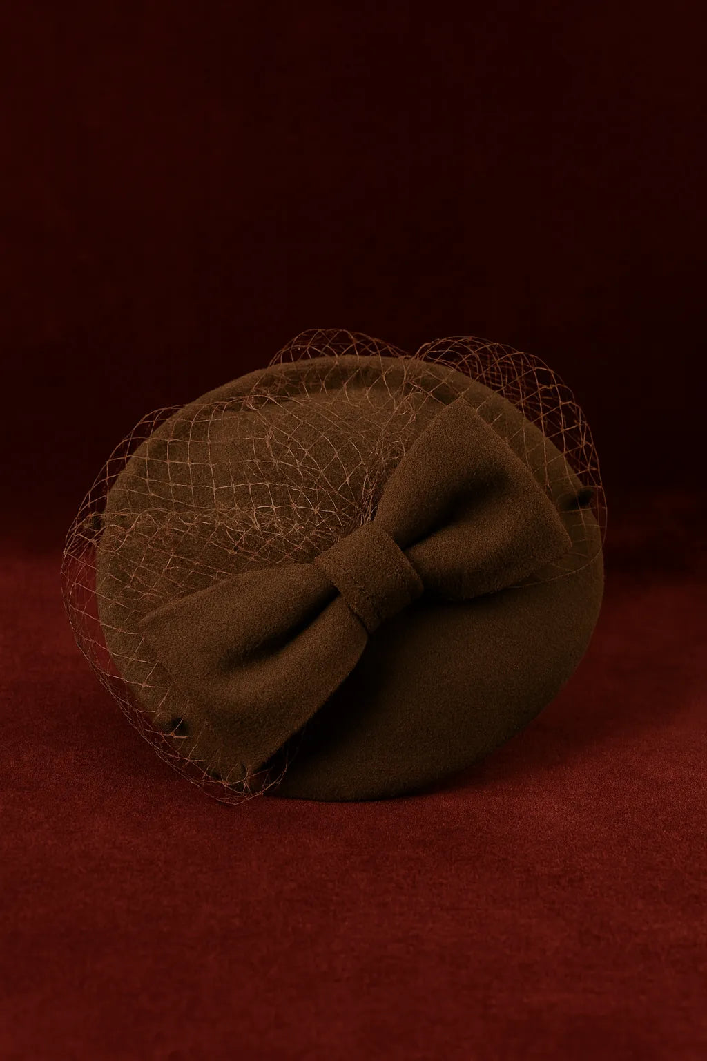 Brown faux wool pillbox church hat with mesh veil and oversized bow