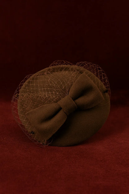 Brown faux wool pillbox church hat with mesh veil and oversized bow