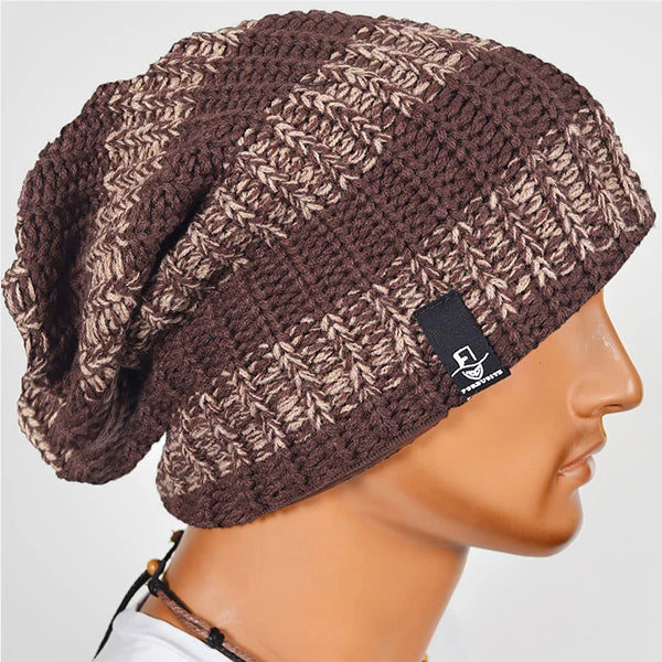 Brown striped slouch beanie hat for men and women, long knit beanie cap with relaxed fit, everyday outfit accessory