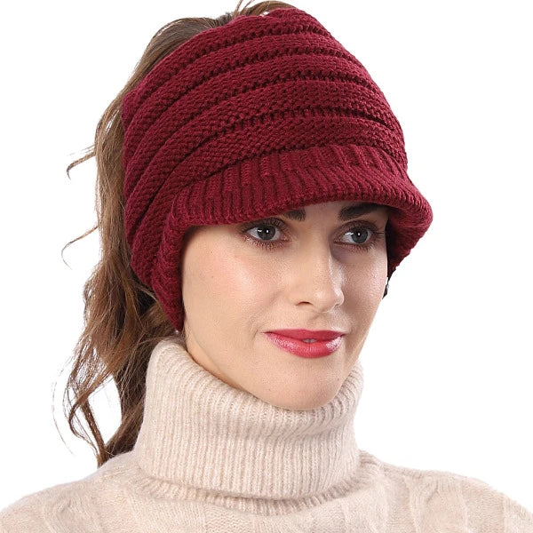 Burgundy knit ponytail visor beanie for women, warm fleece lined winter hat, casual street fashion outfit accessory by FORBUSITE
