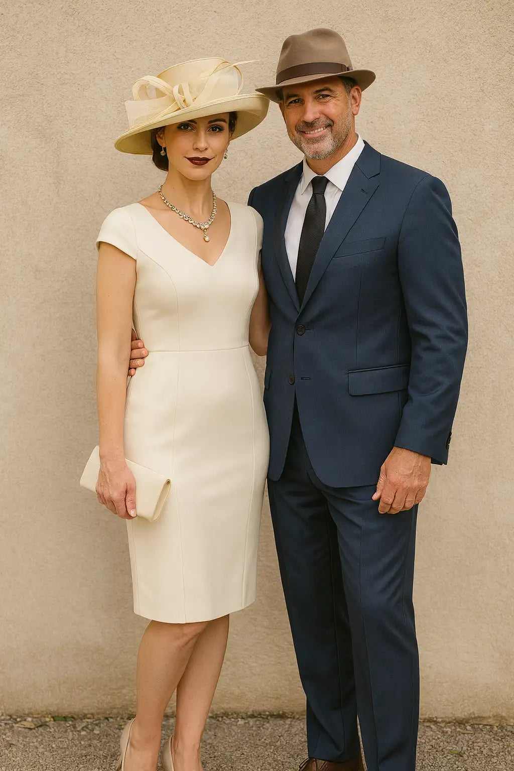 Elegant woman in champagne church hat and ivory dress with man in navy suit – perfect wedding guest outfit inspiration by FORBUSITE
