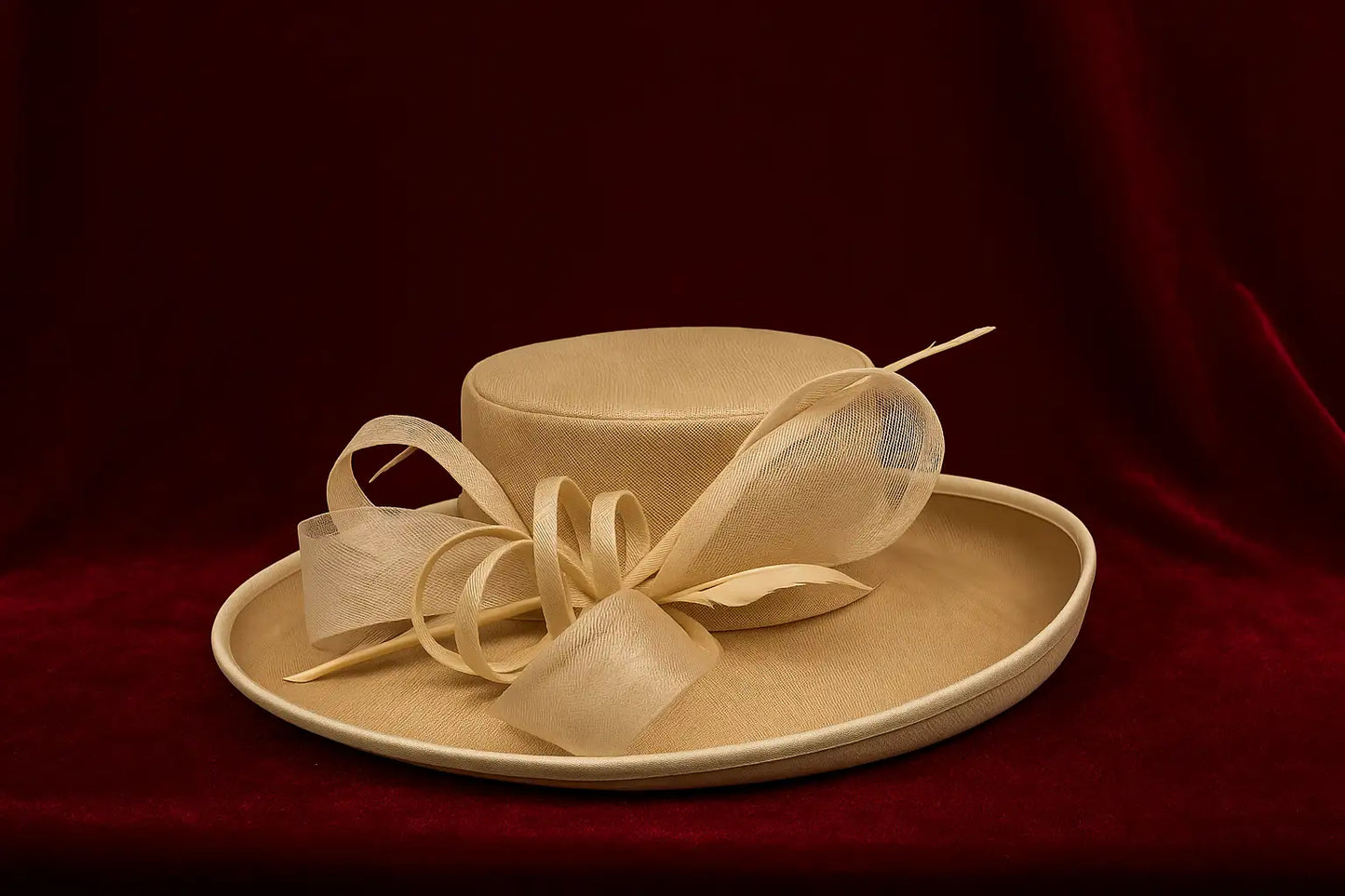 Champagne wide brim church hat with looped ribbon bow and sinamay veils, displayed on burgundy velvet background – FORBUSITE Grace in Bloom collection

