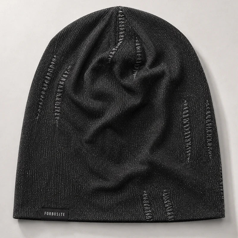 FORBUSITE charcoal black thin slouchy beanie hat front view with minimalist streetwear design and lightweight knit texture